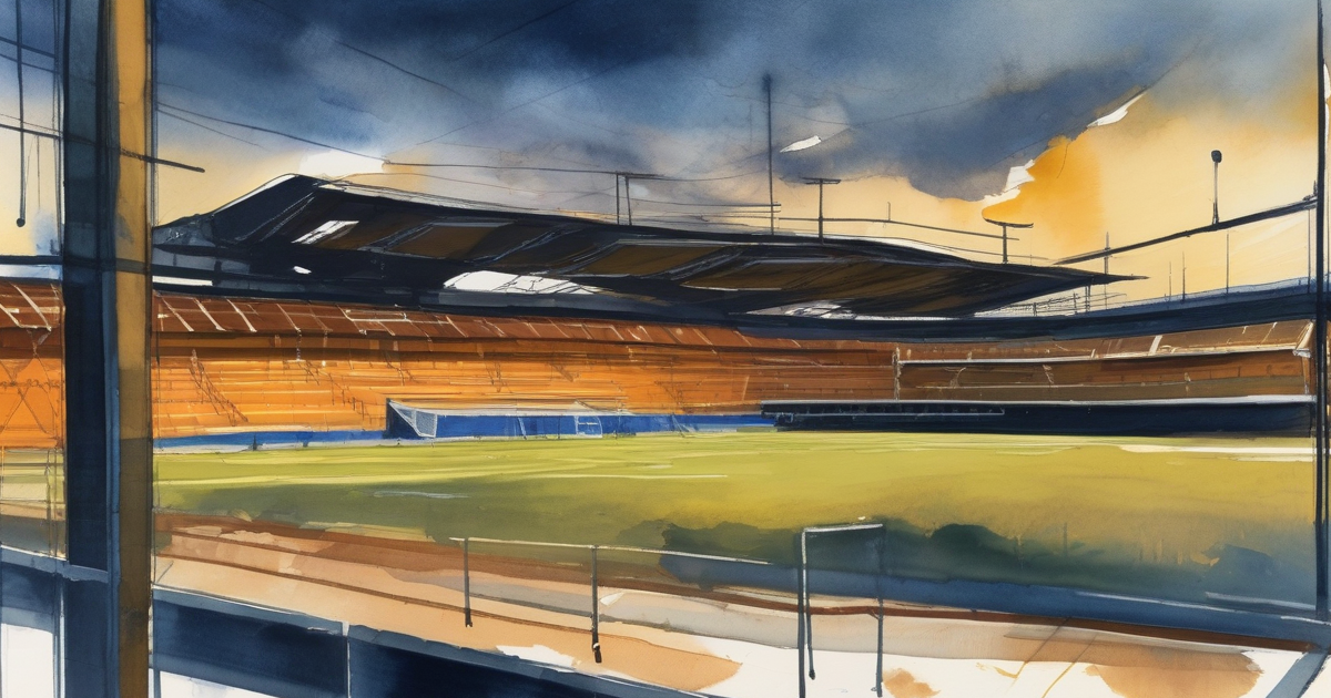 Painterly watercolour of an empty modern stadium framed through a fence, dramatic stormy clouds breaking, no people