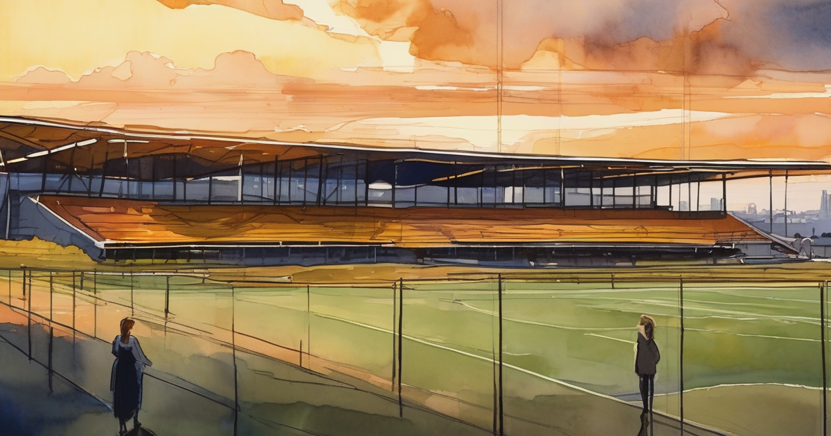 Painterly watercolour of a stadium corner with main stand, two anonymous figures from behind, golden hour