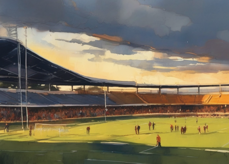 Painterly watercolour vista of a modern football stadium with players visible on the pitch under a dramatic warm sky, English Women Super League closing weekend atmosphere