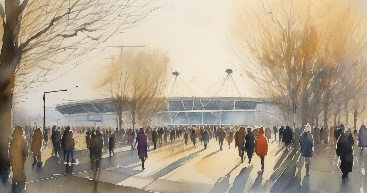 Painterly watercolour of anonymous football supporters approaching a modern stadium at golden hour, faces away from camera